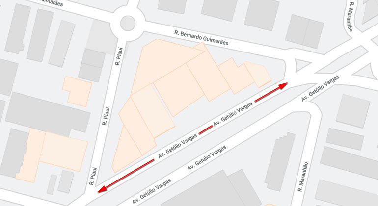 Mapa da operação de trânsito realizada na av. Getúlio Vargas, entre as ruas Bernardo Guimarães e Piauí, em função dos 25 Anos de Barbazul, nos dias 20 e 21/7.