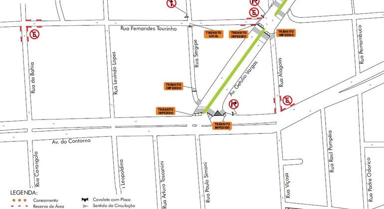 No domingo, dia 26/5, BHTrans realiza operação de trânsito e transportes na Savassi em função do evento "Festa Argentina". Arte: PBH Mapa da operação de trânsito na Savassi na Festa Argentina.