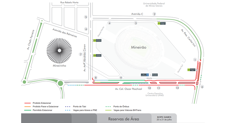 Mapa da operação de trânsito em função do evento Bope Games, que acontecerá no Mineirão entre os dias 20 e 22/7. 