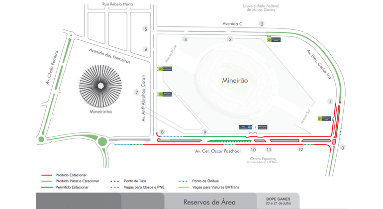 BHTrans realiza operação especial de trânsito e transportes em função do evento Bope Games, que acontecerá entre os dias 20 e 22/7. Arte: PBH Mapa da operação de trânsito em função do evento Bope Games, que acontecerá no Mineirão entre os dias 20 e 22/7.