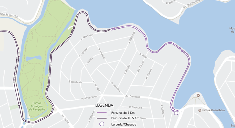 BHTrans realiza operação de trânsito e transportes na orla da Pampulha para Circuito Mundial – Etapa Espanha, realizado no domingo, dia 14. Arte: PBH Mapa do itinerário da corrida Circuito Mundial – Etapa Espanha, realizada no domingo, dia 14/7.