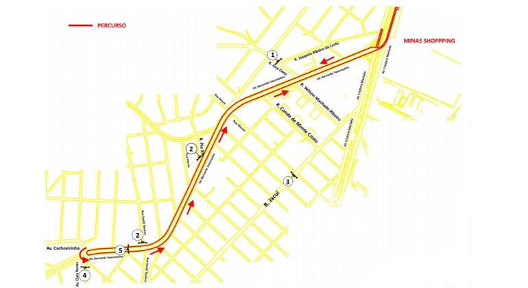 Mapa do percurso da corrida Corrida Track & Field Run Series Minas Shopping, realizada na região do bairro União no domingo, dia 29/9.