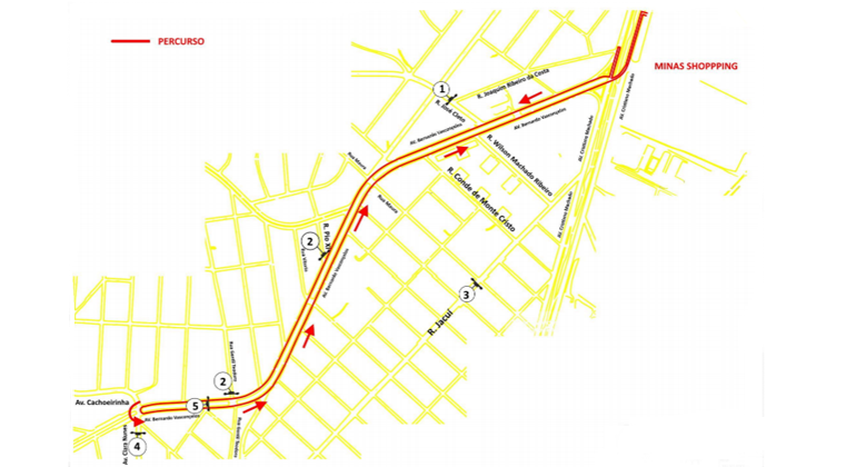 BHTrans realiza operação especial de trânsito e transportes para corrida em região do bairro União no domingo, dia 29/9. Arte: PBH Mapa do percurso da corrida Corrida Track & Field Run Series Minas Shopping, realizada na região do bairro União no domingo, dia 29/9.