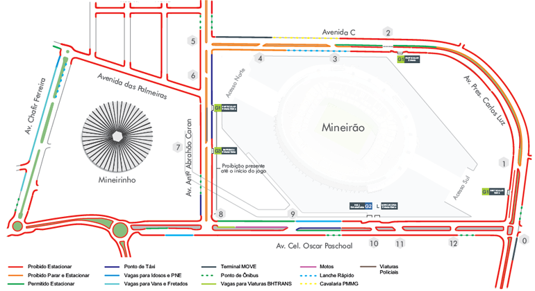 Mapa da operação de trânsito para o jogo Cruzeiro x Atlético, realizado no Mineirão, no domingo, dia 14/4, às 16h.