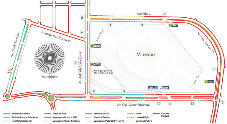 A BHTrans fará operação especial para o jogo Cruzeiro x Atlético, realizado no Mineirão, no domingo, dia 14/4, às 16h.Arte: PBH Mapa da operação de trânsito para o jogo Cruzeiro x Atlético, realizado no Mineirão, no domingo, dia 14/4, às 16h.