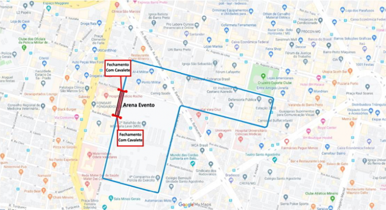 A BHTrans realiza operação de trânsito e transportes para 1ª Caminhada Hospital Felício Rocho, no domingo, no Barro Preto. Arte: PBH Mapa do itinerário da 1ª Caminhada Hospital Felício Rocho, realizada no Barro Preto, no dia 1º/12