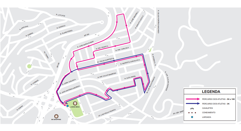 BHTrans realiza operação especial de trânsito e transportes para Corrida do Hospital Vila da Serra, no bairro Belvedere. Arte: PBH Mapa dos itinerários da Corrida do Hospital Vila da Serra