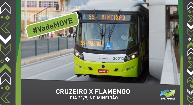 BHTrans disponibiliza o serviço da linha 55 – MOVE Mineirão para o jogo Cruzeiro x Flamengo no sábado, dia 21/9, às 17h. Arte: PBH Cruzeiro x Flamengo dia 21/9, no Mineirão