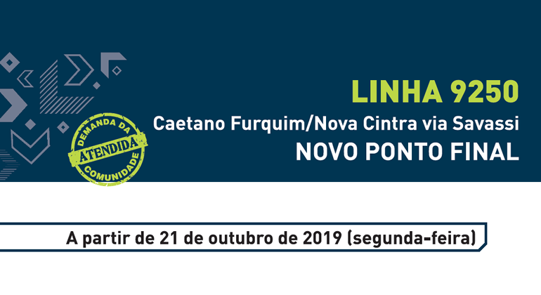 A partir do dia 21/10, a linha 9250 terá o ponto final no bairro São Geraldo transferido para o outro lado da via, na av. Itaité, 210. Arte: PBH Linha 9250 - Caetano Furquim/Nova Cintra via Savassi