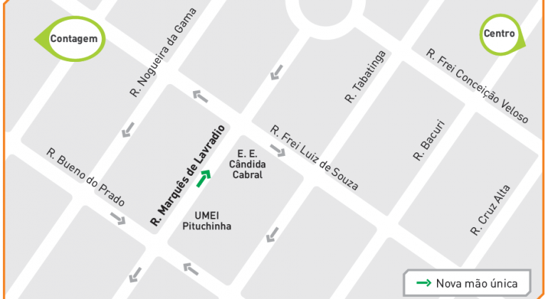 Mapa da alteração de circulação da Rua Marquês de Lavradio, no bairro João Pinheiro.