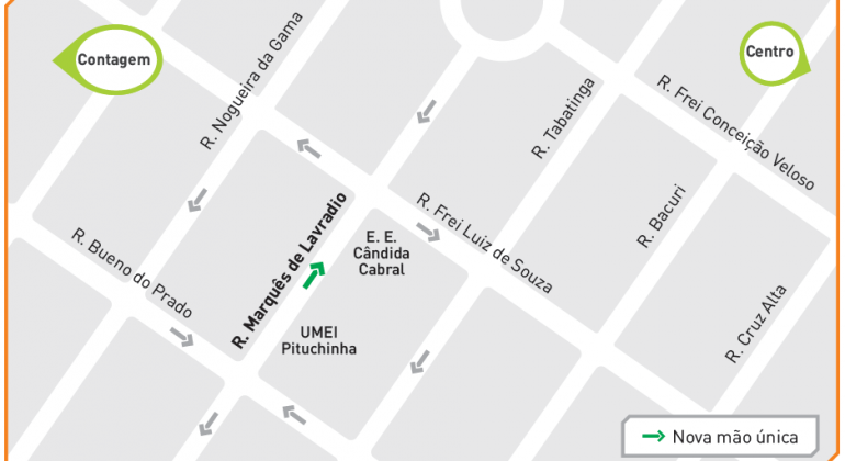 Rua Marquês de Lavradio, no bairro João Pinheiro, tem mudança de circulação a partir de terça-feira, dia 5/2. Arte: PBH Mapa da alteração de circulação da Rua Marquês de Lavradio, no bairro João Pinheiro.