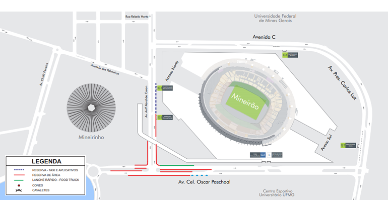 Mapa da peração especial de trânsito e transportes em função da "Calourada Fim dos Tempos - UFMG", no Mineirão. 