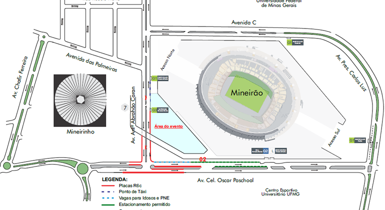 Entorno do Mineirão tem operação especial de trânsito e transportes para evento O Chamado do Grifo, realizado no sábado, dia 27/4. Arte: PBH Mapa de operação de trânsito para evento O Chamado do Grifo, realizado no sábado, dia 27/4, no Mineirão.