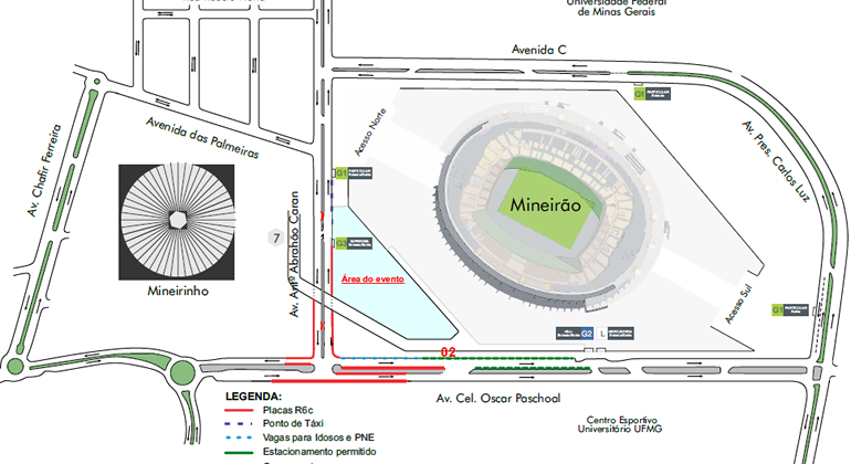 Mapa de operação de trânsito para evento O Chamado do Grifo, realizado no sábado, dia 27/4, no Mineirão.