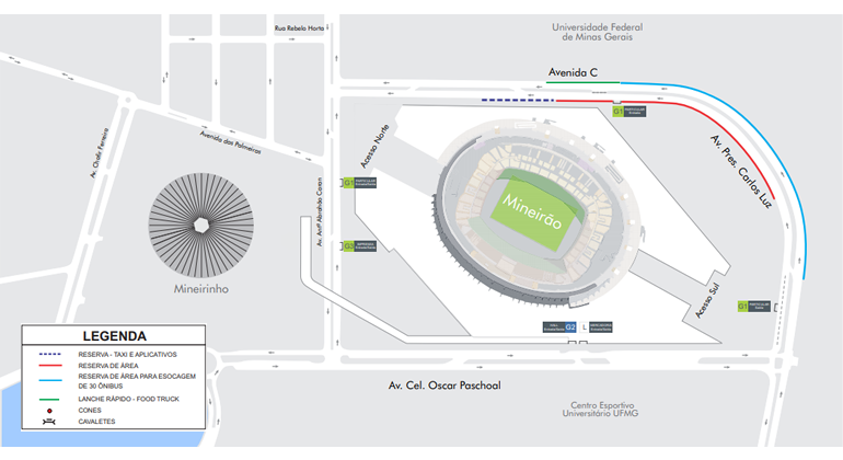 O entorno do Mineirão tem operação de trânsito e transporte entre os dias 19 e 21/7 para evento Pandora Festival. Arte: PBH Mapa de operação de trânsito para evento Pandora Festival, que acontece no Mineirão no domingo, dia 21/7.