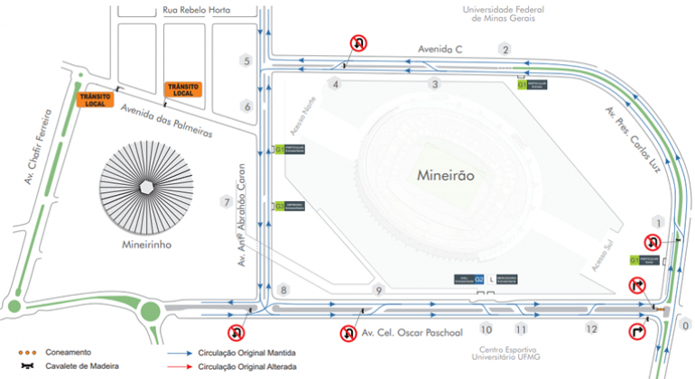 Evento motociclístico 4º Ride Batom tem operação especial de trânsito e transportes no domingo, dia 6/10, no Mineirão. Arte: PBH Mapa da operação de trânsito para evento motociclístico 4º Ride Batom no domingo, dia 6/10, no Mineirão.