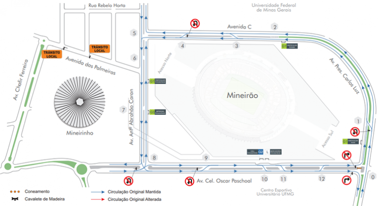 Mapa da operação de trânsito para evento motociclístico 4º Ride Batom no domingo, dia 6/10, no Mineirão. 