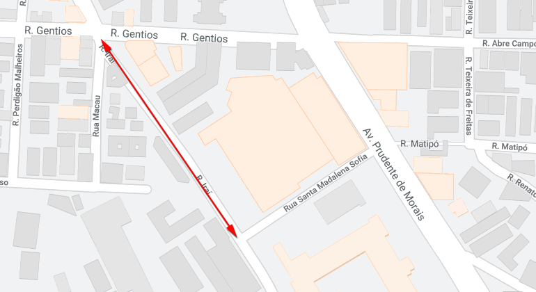 Mapa da interdição de trânsito na a rua Iraí, entre a rua Gentios e a rua Santa Madalena Sofia, no bairro Luxemburgo, no dia 7/7, das 7h às 17h.