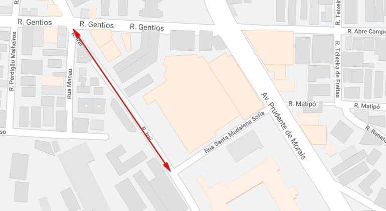 Em função de execução de obras no local, bairro Luxemburgo tem alterações no transporte coletivo na rua Iraí no dia 7/7, das 7h às 17h. Arte: PBH Mapa da interdição de trânsito na a rua Iraí, entre a rua Gentios e a rua Santa Madalena Sofia, no bairro Luxemburgo, no dia 7/7, das 7h às 17h.