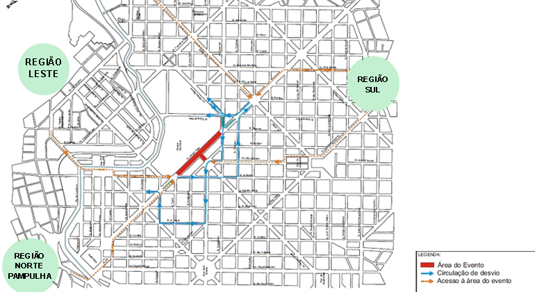 Mapa com alteração de rotas em vias na área central para o desfile da banda mole