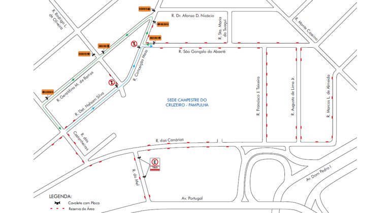 BHTrans realiza operação de trânsito na Pampulha para o evento 34º Churrascão do Cruzeiro. Arte: PBH Mapa da operação de trânsito do evento "34º Churrascão do Cruzeiro" no sábado, dia 25/5.