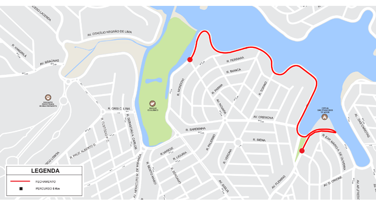 Mapa da 1ª Corrida e Caminhada da Lagoinha, no sábado, dia 9/11, na Orla da Pampulha.