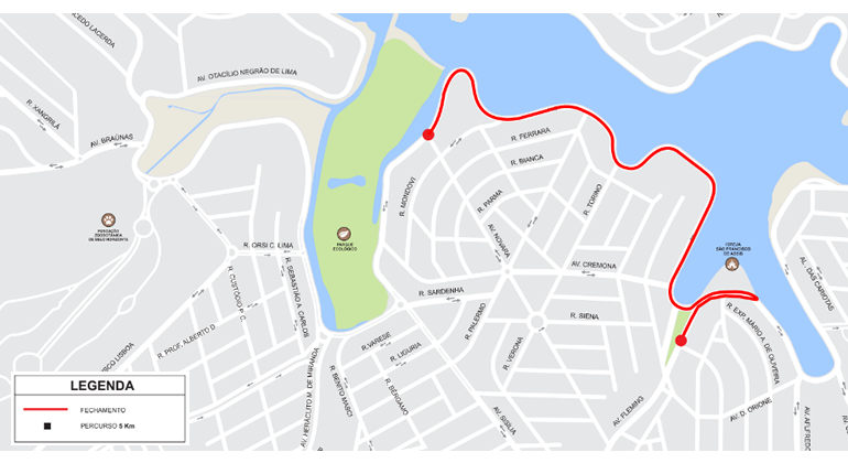 O local de concentração dos atletas será a Praça da Pampulha no dia 9/11, a partir das 7h; o trânsito tem liberação prevista para as 13h. Arte: PBH Mapa da 1ª Corrida e Caminhada da Lagoinha, no sábado, dia 9/11, na Orla da Pampulha.