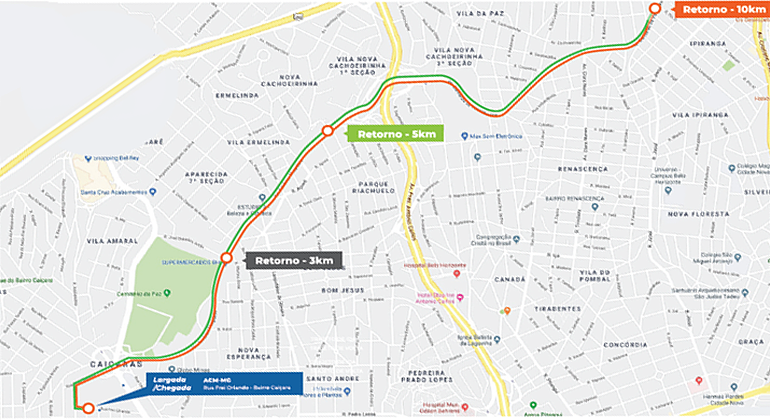 Operação especial de trânsito e transportes para Corrida Desafio da ACMMG, no domingo, dia 14/04, no bairro Caiçara. Arte: PBH Mapa do trajeto da Corrida Desafio da ACMMG no domingo, dia 14/4, no Caiçara.