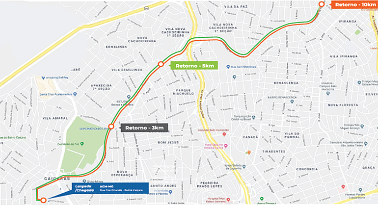 Mapa do trajeto da Corrida Desafio da ACMMG no domingo, dia 14/4, no Caiçara.