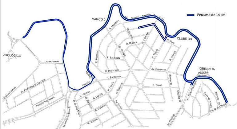 BHTrans realiza operação de trânsito e transportes para 2ª Corrida Santa Casa 2019, no domingo, dia 7/7, na Pampulha. Arte: PBH apa do trajeto da 2ª Corrida Santa Casa 2019