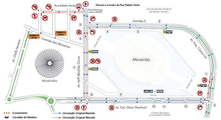 Mapa da operação de trânsito no entorno do Mineirão para jogo Cruzeiro x Emelec, no dia 8/5.