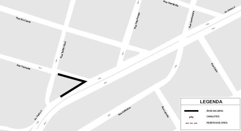 A BHTrans realiza interdição de um trecho da avenida Pedro II devido à realização de obras de demolição em um imóvel da rua Teófilo Otoni. Arte: PBH Mapa da interdição de um trecho da avenida Pedro II.
