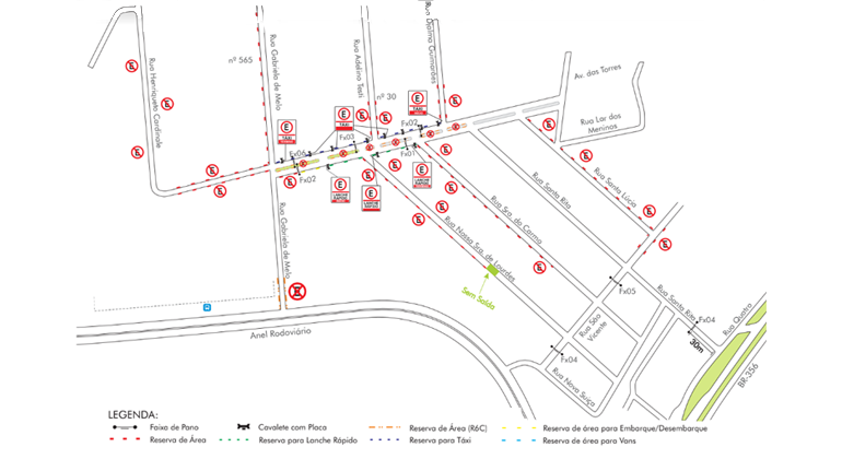 Mapa da operação de trânsito para evento Festinha Três Anos, no Espaço Inédito, no Bairro Olhos D'Água, nos dias 28 e 29/9. 