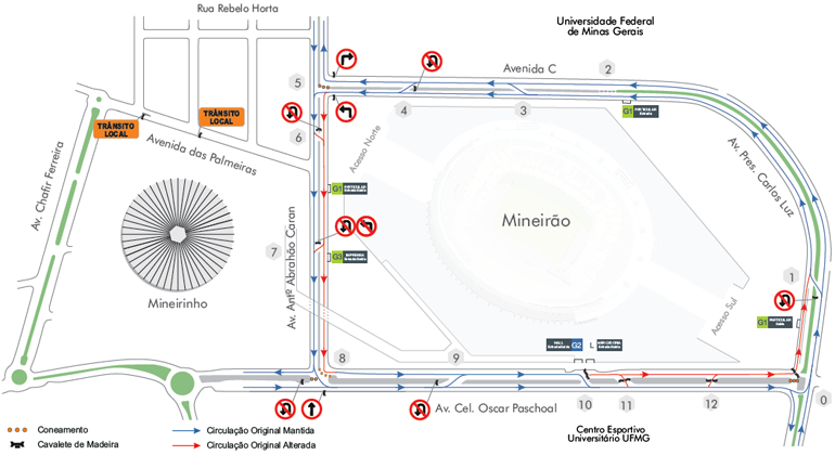 Mapa da operação de trânsito no Mineirão e arredores para o Festival Sarará, realizado no sábado, dia 31/8.