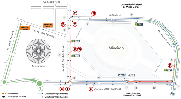 BHTrans realiza operação de trânsito e transportes para o Festival Sarará, realizado Esplanada do Mineirão no sábado, dia 31/8. Arte: PBH Mapa da operação de trânsito no Mineirão e arredores para o Festival Sarará, realizado no sábado, dia 31/8.