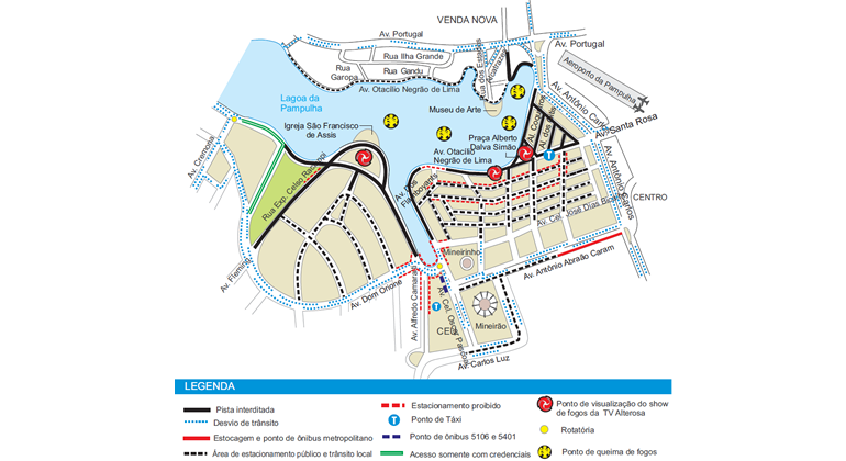 Mapa da operação de trânsito do 30º Réveillon da TV Alterosa, na orla da Lagoa da Pampulha, no dia 30/1.