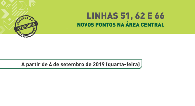 A Prefeitura informa que, partir do dia 4/9, as linhas 51, 62 e 66 ganharão novos pontos na avenida dos Andradas. Arte: PBH Linhas 51, 62 e 66: novos pontos da área central. A partir de 4 de setembro de 2019 (quarta-feira).