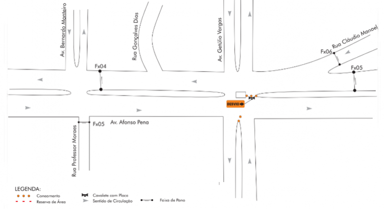 A BHTrans realiza operação de trânsito e transportes para evento no domingo, dia 15/9, na avenida Getúlio Vargas, na Savassi. Arte: PBH Mapa da operação de trânsito na Savassi para evento Festa Tradicional Italiana.