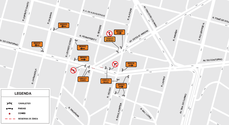 Arte: PBH Mapa da operação de trânsito e transportes devido ao evento St. Patrick’s Day, na Savassi.