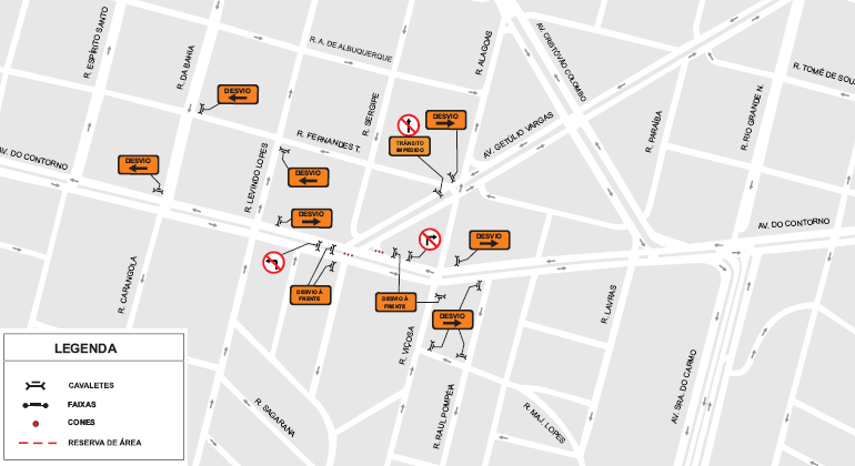 Mapa da operação de trânsito e transportes devido ao evento St. Patrick’s Day, na Savassi. 