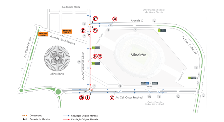 Mapa da operação de trânsito no entorno do Mineirão para evento Só Track Boa Festival no dia 14/9.