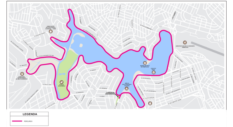 BHTrans realiza operação especial de trânsito e transportes na Pampulha para Corrida da Itatiaia – Volta na Lagoa, no domingo, dia 22/9. Arte: PBH Mapa do percurso da Corrida da Itatiaia, realizada na Pampulha no dia 22/9.