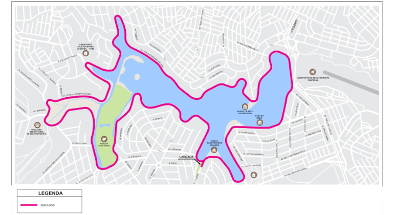 Mapa do percurso da Corrida da Itatiaia, realizada na Pampulha no dia 22/9.