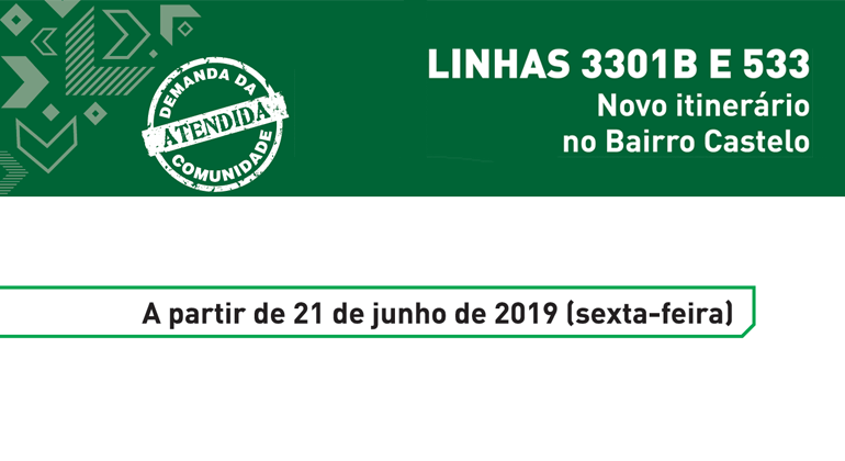 Atendendo a pedido da comunidade, as linhas 3301 B e 533 terão novo itinerário no bairro Castelo, no sentido Centro/Bairro. Arte: Divulgação PBH Demanda da comunidade atendida. Linhas 3301 e 533. Novo itinerário no Bairro Castelo.