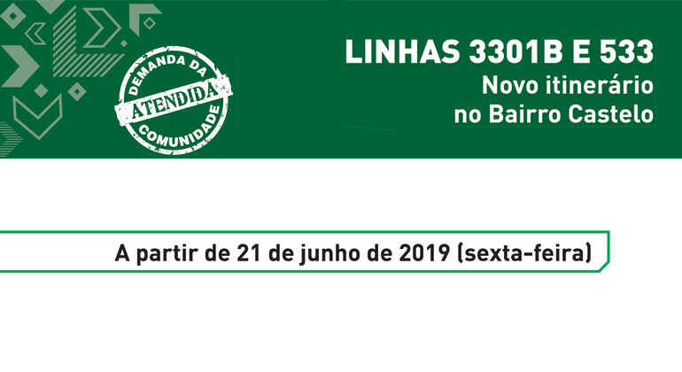 Demanda da comunidade atendida. Linhas 3301 e 533. Novo itinerário no Bairro Castelo. 