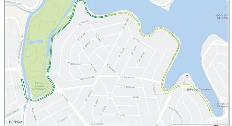 BHTrans informa que, em função da Corrida St. Patrick’s Run, será realizada operação de trânsito e transportes na orla da Pampulha. Arte: PBH Mapa da corrida St. Patrick’s Run, no sábado, dia 30/3.