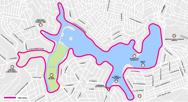 BHTrans realiza operação de trânsito e transportes na orla da Pampulha para Meia Maratona Internacional de Belo Horizonte, domingo, dia 2/6. Arte: PBH Mapa da Meia Maratona Internacional de BH, na orla da pampulha.