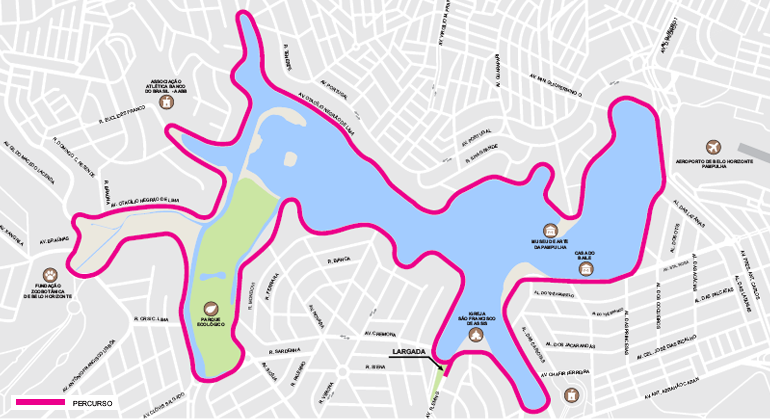 Mapa da Meia Maratona Internacional de BH, na orla da pampulha. 