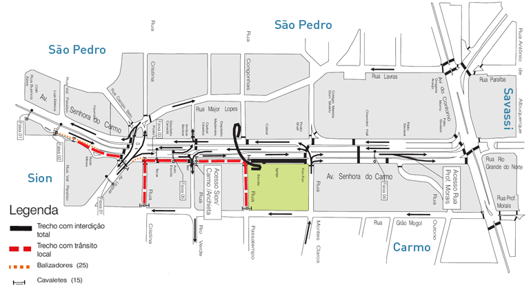 BHTrans realiza interdição parcial de avenida para Festa de Nossa Senhora do Carmo no sábado e no domingo. Arte: PBH Mapa de operação de trânsito na Avenida Nossa Senhora do Carmo para festa de mesmo nome nos dias 13 e 14/7.