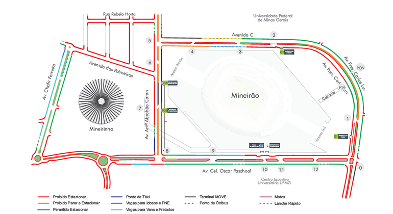 Evento motociclístico acontece no estacionamento G1 do Mineirão, no sábado, dia 26/10, das 11h às 18h. Arte: PBH Mapa de operação de trânsito para evento 4º Ride Batom, no Mineirão, no sábado, dia 26/10